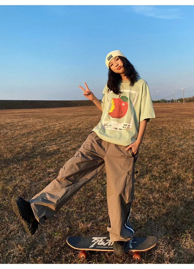 Oula Vintage Apple Print Short Sleeve Baggy T-shirt Top