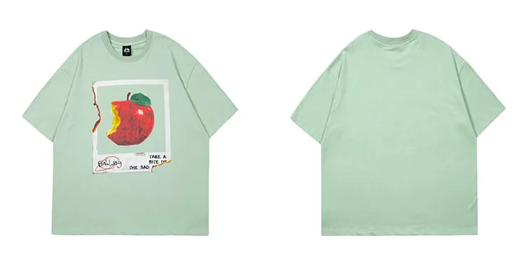 Oula Vintage Apple Print Short Sleeve Baggy T-shirt Top