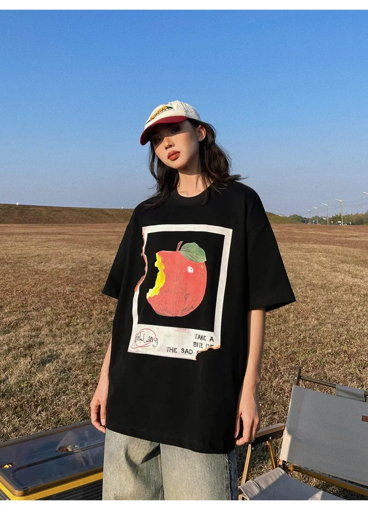 Oula Vintage Apple Print Short Sleeve Baggy T-shirt Top