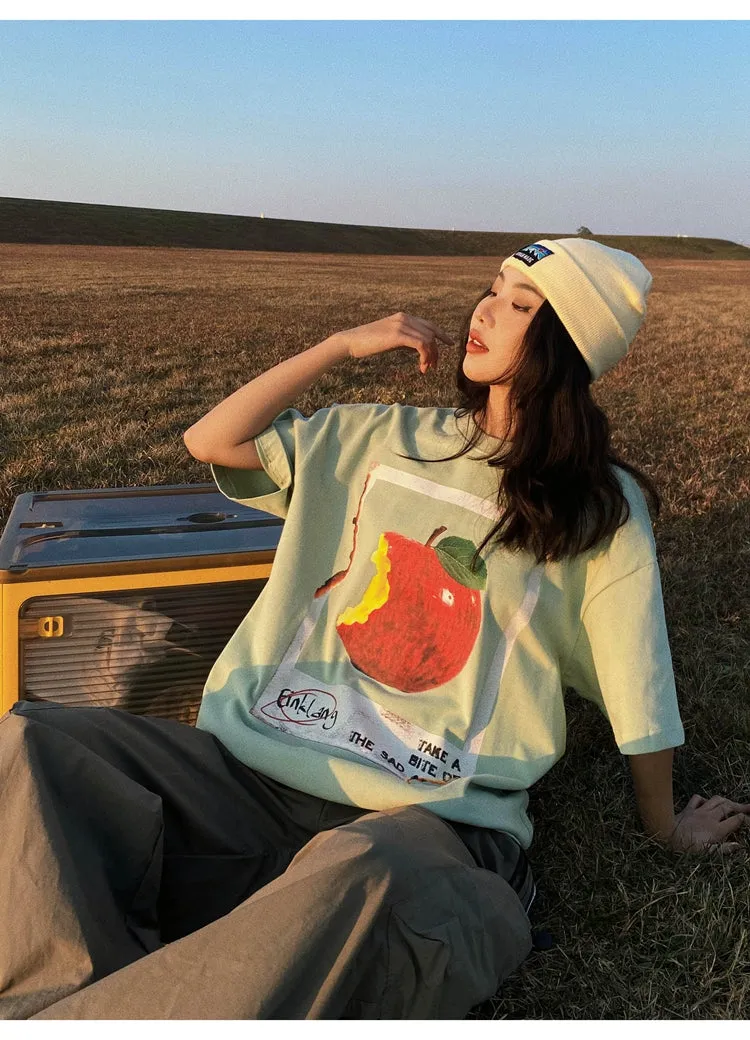 Oula Vintage Apple Print Short Sleeve Baggy T-shirt Top
