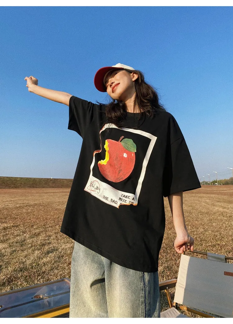 Oula Vintage Apple Print Short Sleeve Baggy T-shirt Top