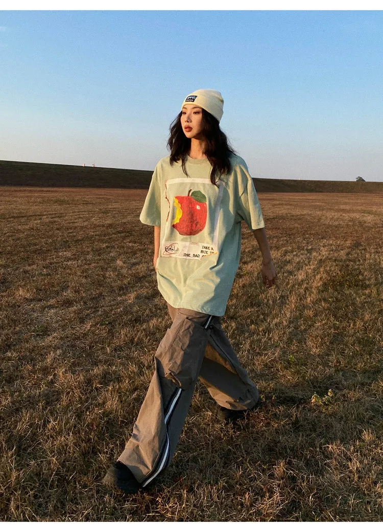 Oula Vintage Apple Print Short Sleeve Baggy T-shirt Top
