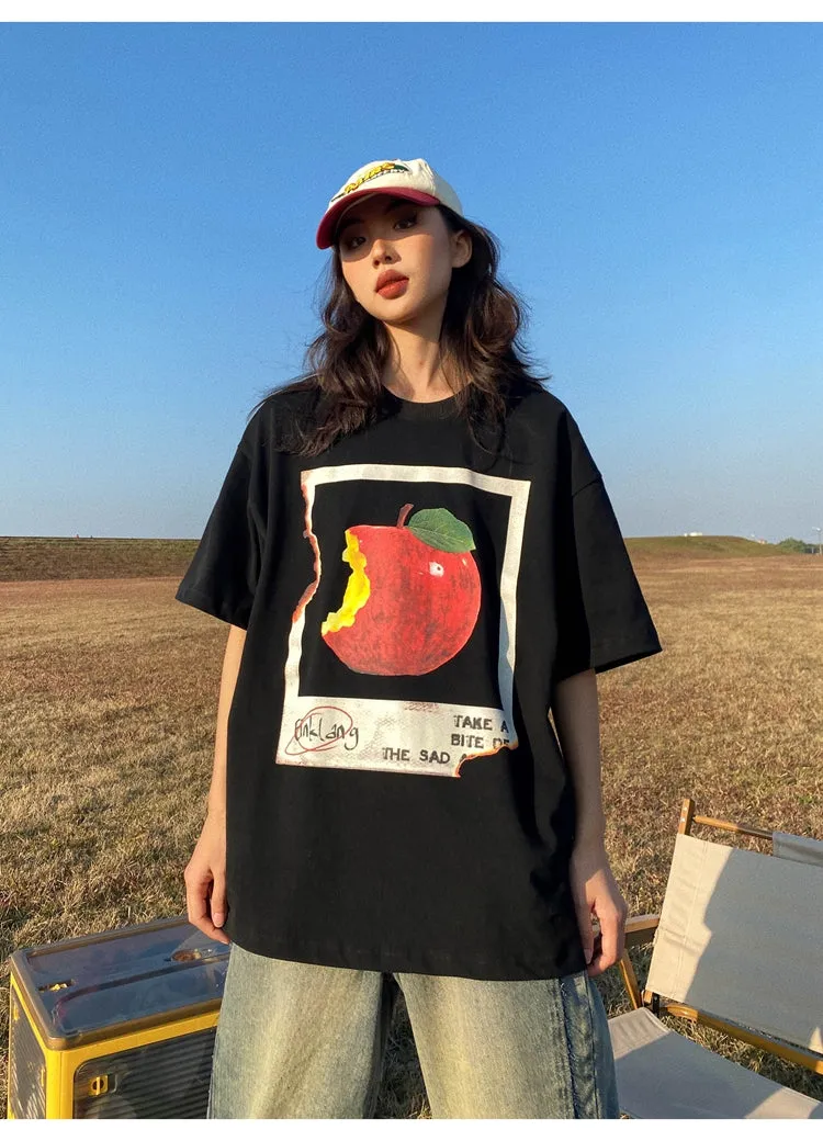 Oula Vintage Apple Print Short Sleeve Baggy T-shirt Top