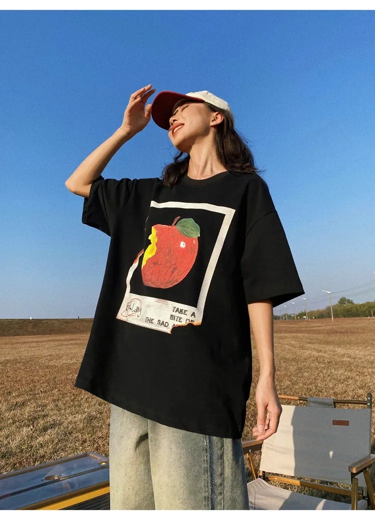 Oula Vintage Apple Print Short Sleeve Baggy T-shirt Top