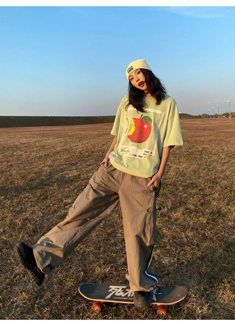 Oula Vintage Apple Print Short Sleeve Baggy T-shirt Top