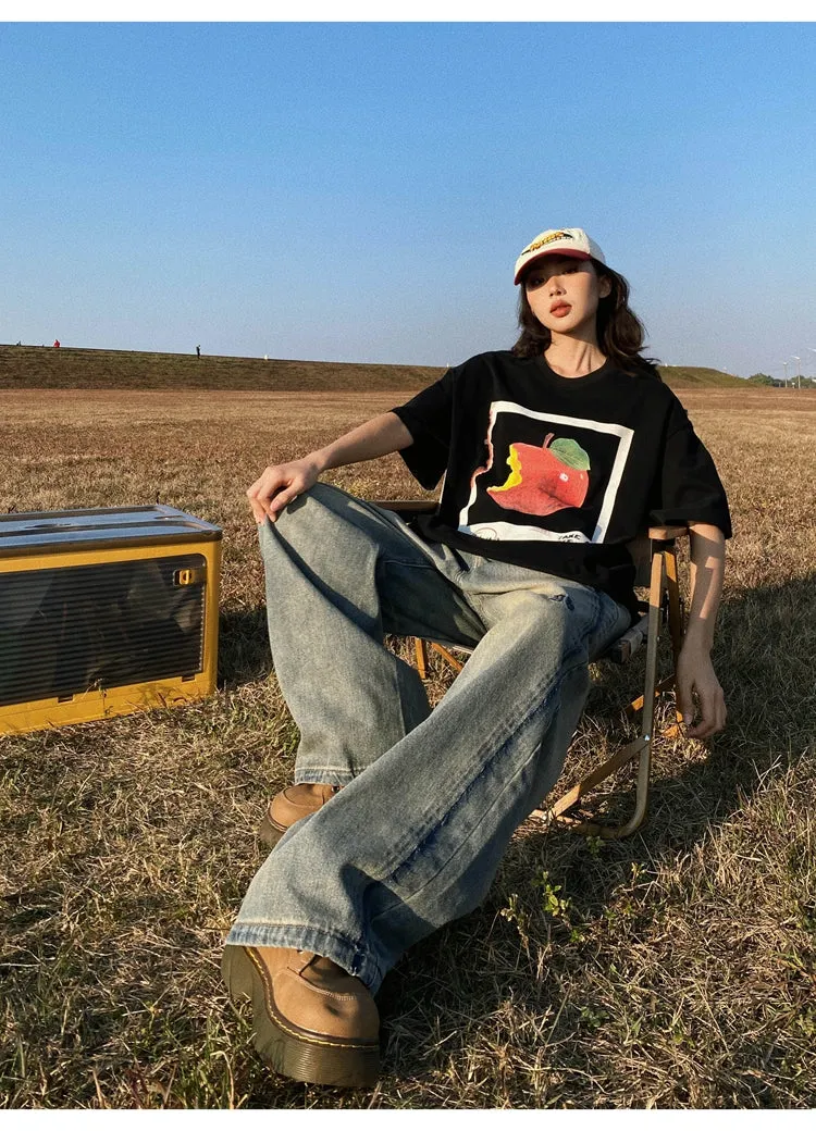 Oula Vintage Apple Print Short Sleeve Baggy T-shirt Top