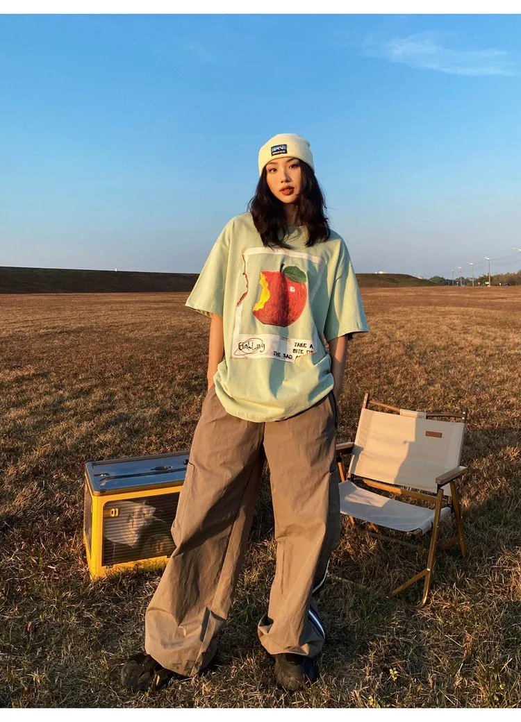 Oula Vintage Apple Print Short Sleeve Baggy T-shirt Top