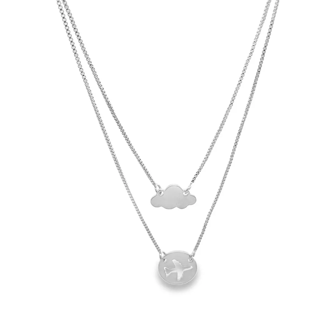Outlined Airplane & Cloud Layering Necklace (H58)