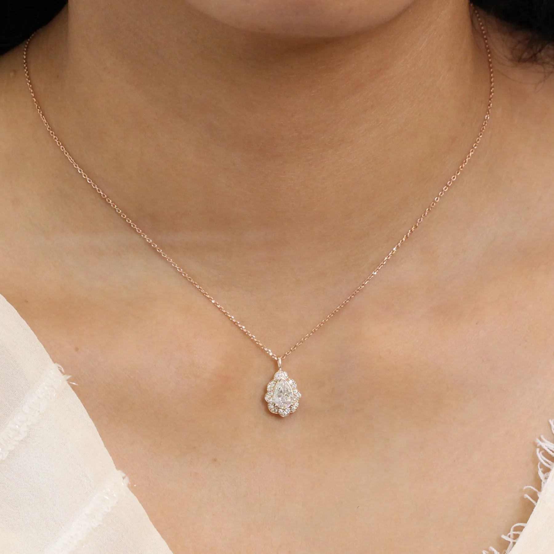 Pear Moissanite Diamond Necklace in 14k Gold Vintage Floral Halo Pendant