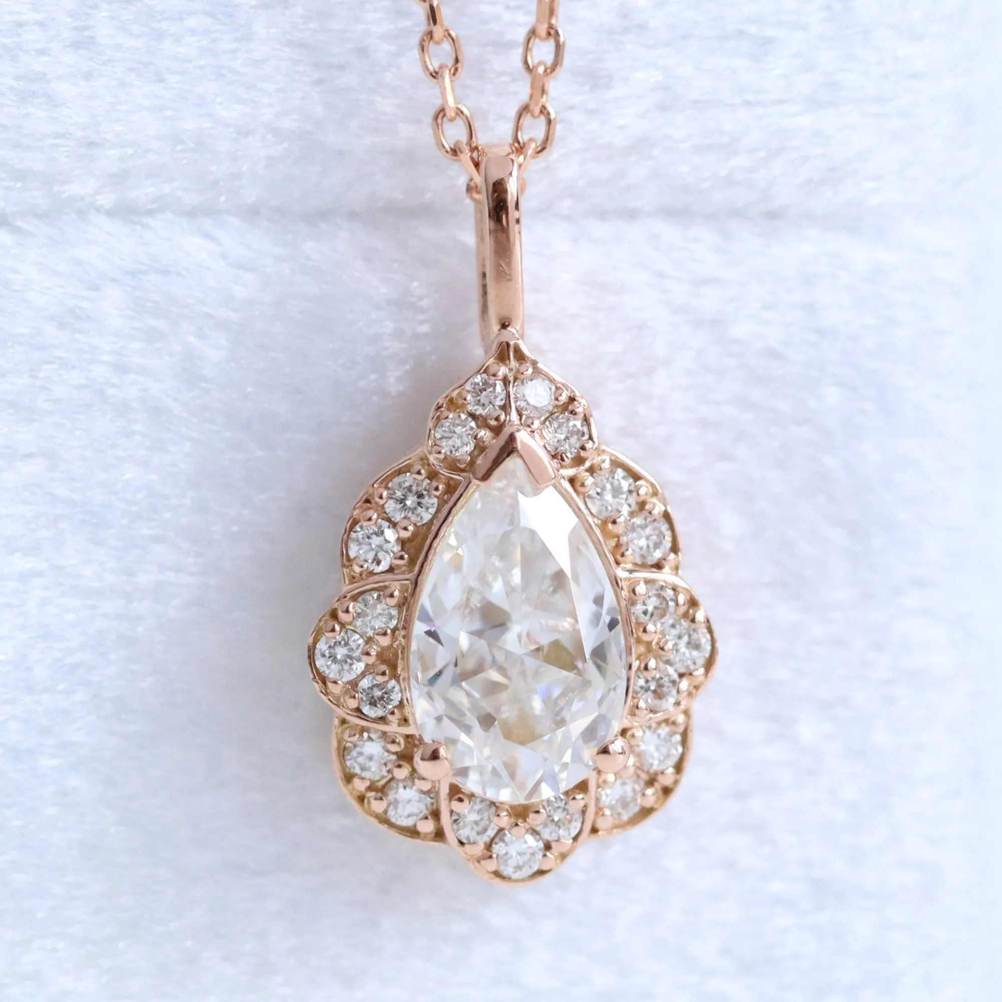 Pear Moissanite Diamond Necklace in 14k Gold Vintage Floral Halo Pendant