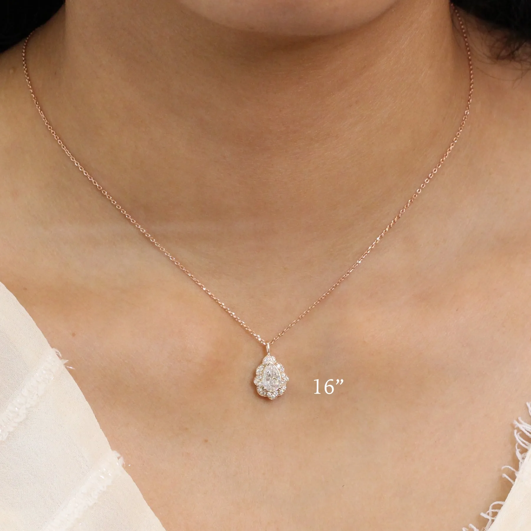 Pear Moissanite Diamond Necklace in 14k Gold Vintage Floral Halo Pendant