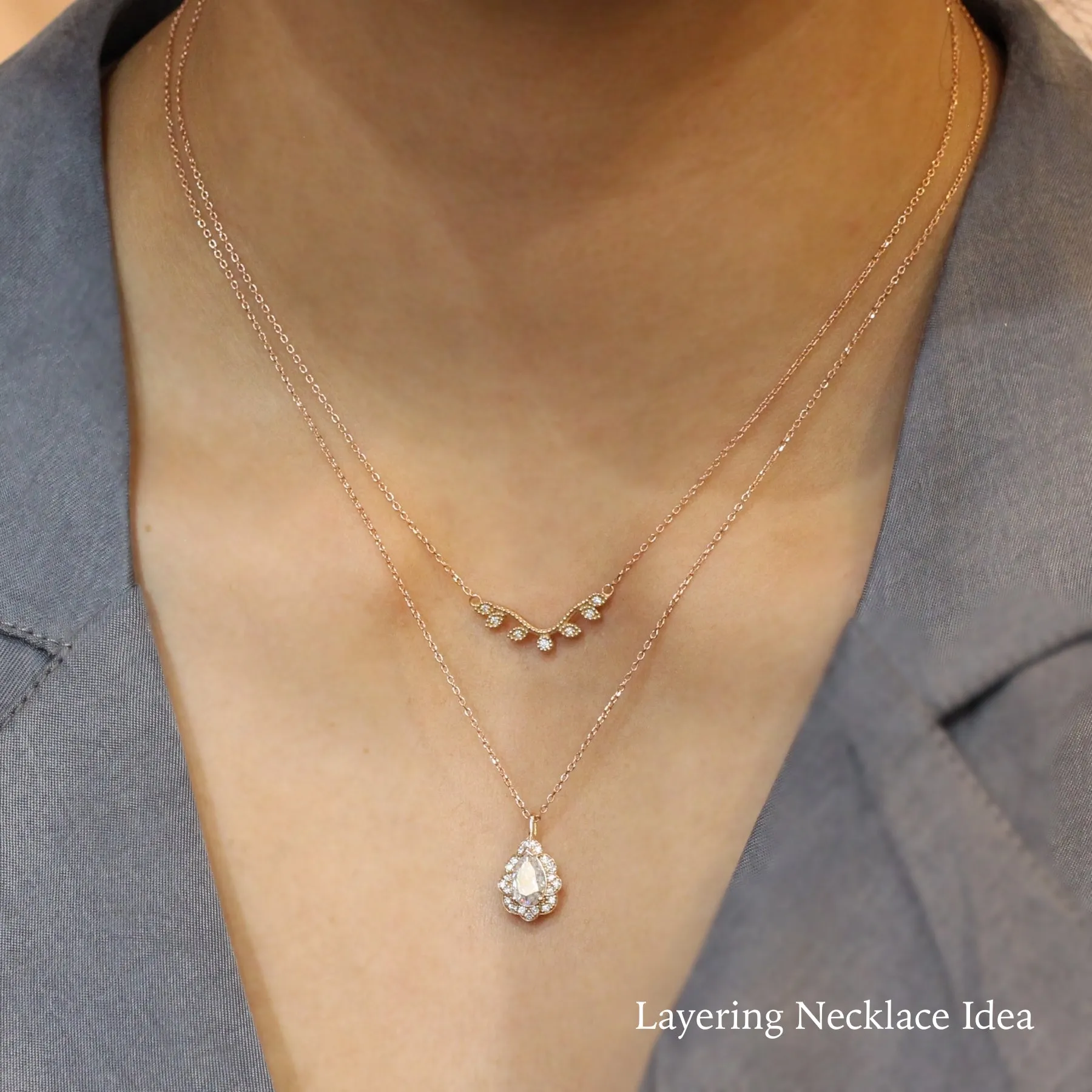 Pear Moissanite Diamond Necklace in 14k Gold Vintage Floral Halo Pendant