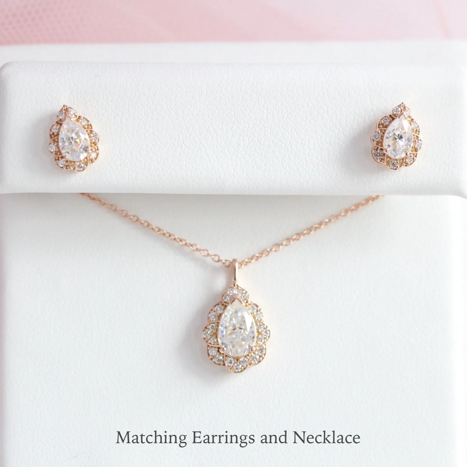Pear Moissanite Diamond Necklace in 14k Gold Vintage Floral Halo Pendant