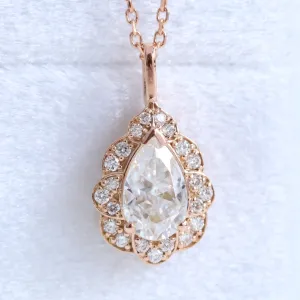 Pear Moissanite Diamond Necklace in 14k Gold Vintage Floral Halo Pendant