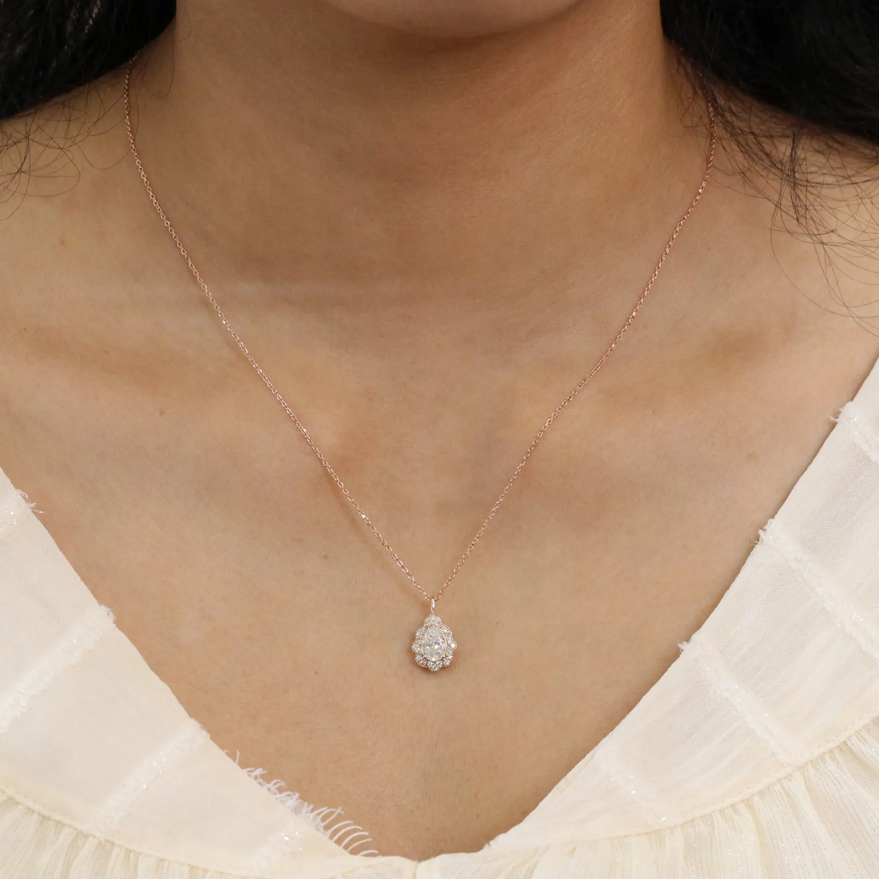 Pear Moissanite Diamond Necklace in 14k Gold Vintage Floral Halo Pendant