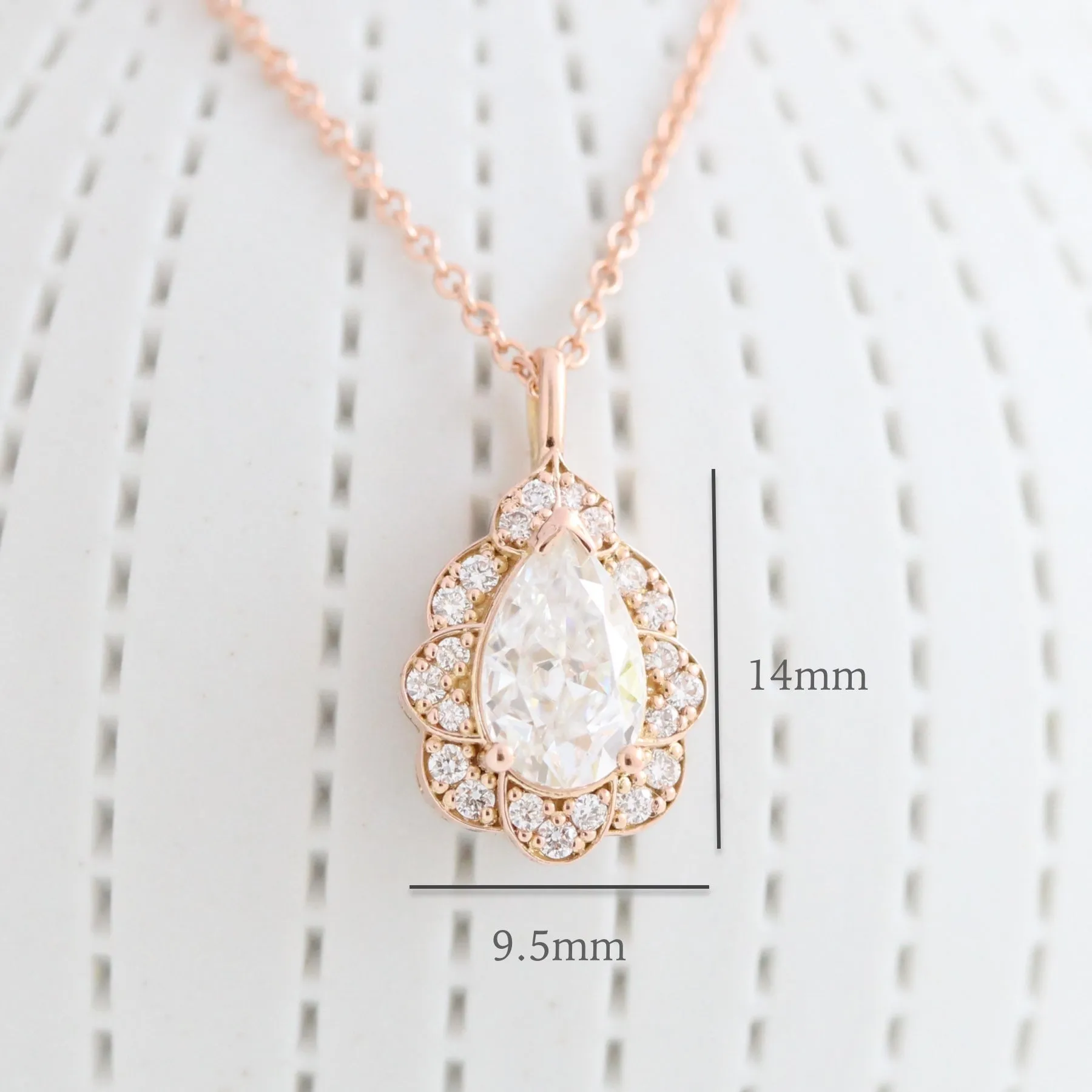 Pear Moissanite Diamond Necklace in 14k Gold Vintage Floral Halo Pendant