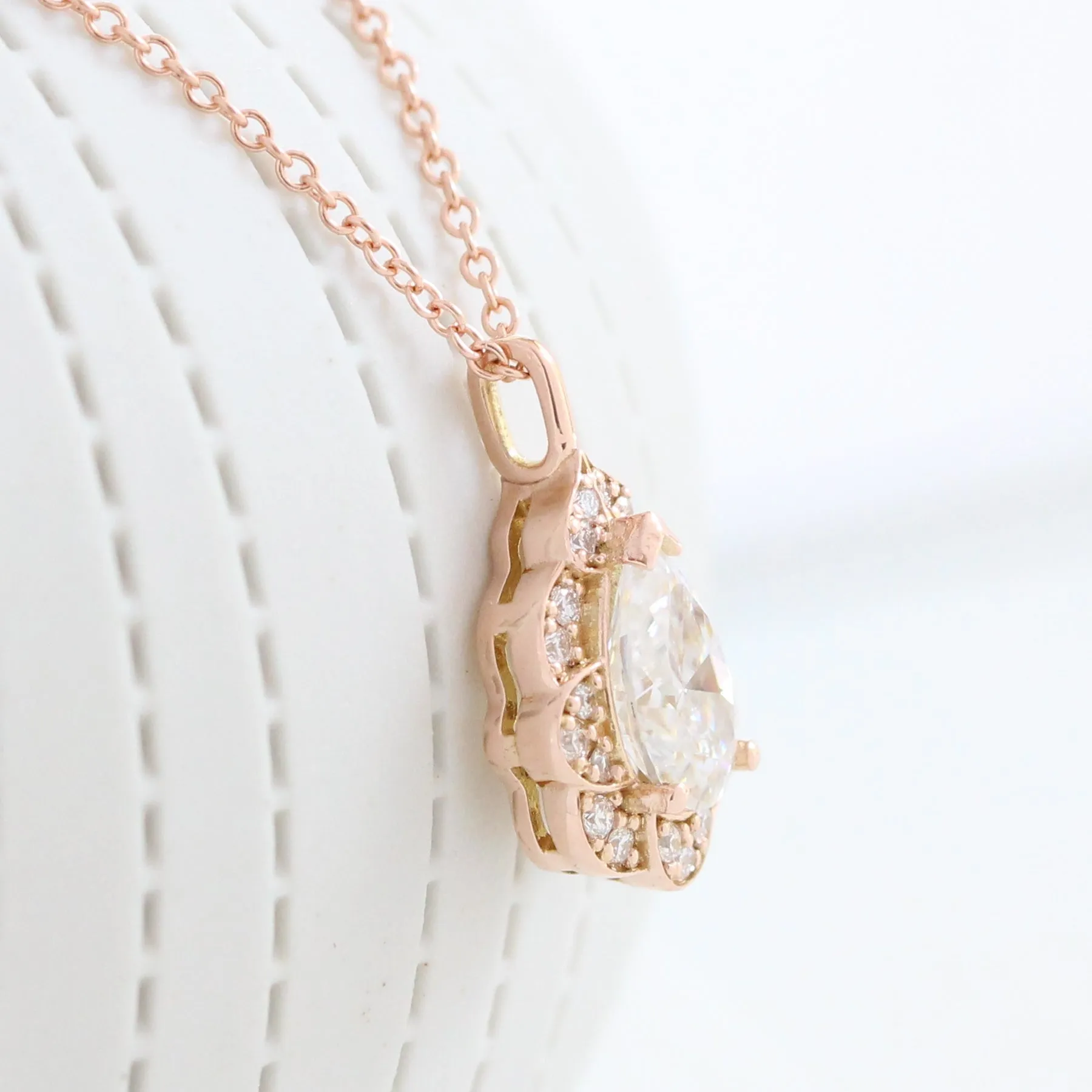 Pear Moissanite Diamond Necklace in 14k Gold Vintage Floral Halo Pendant
