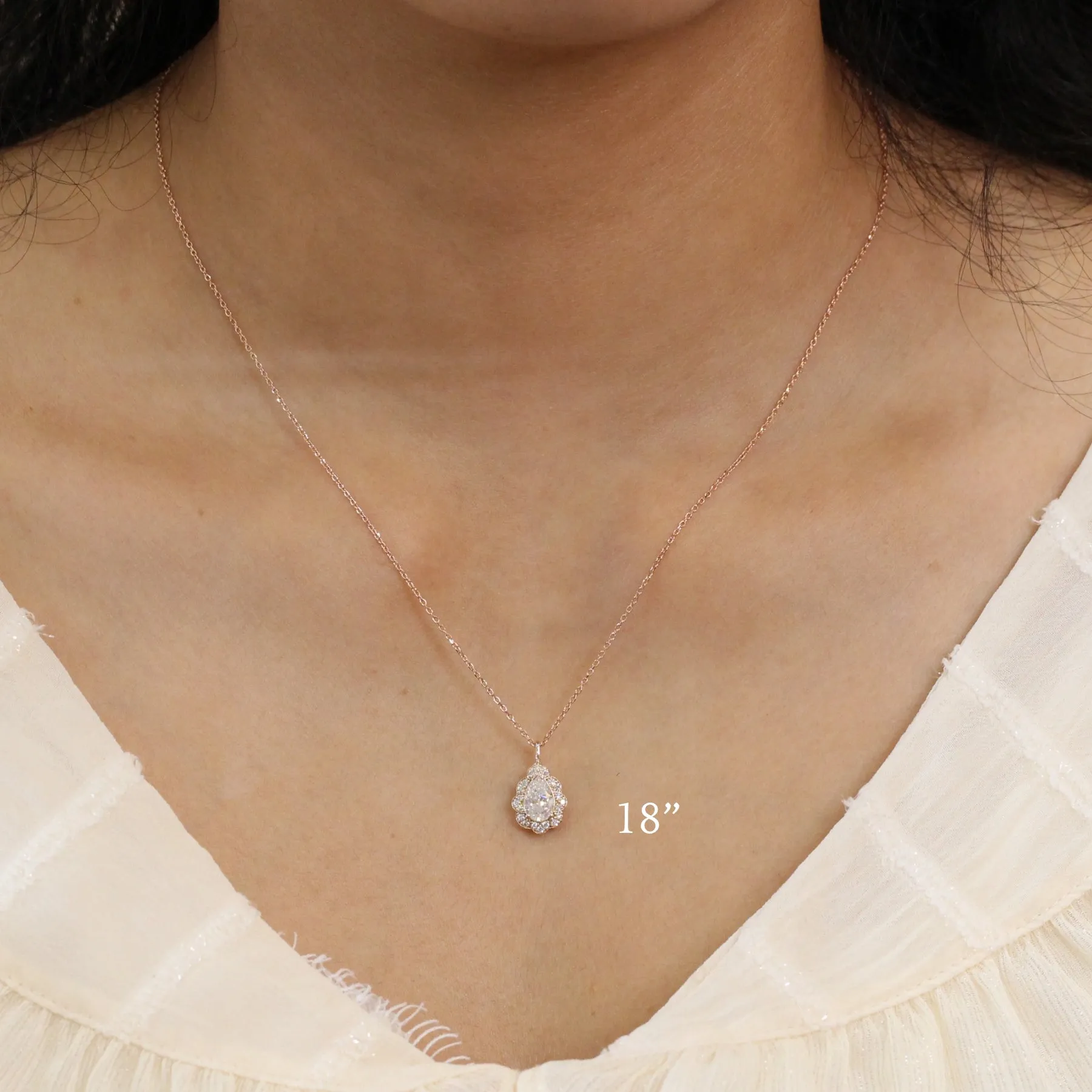 Pear Moissanite Diamond Necklace in 14k Gold Vintage Floral Halo Pendant