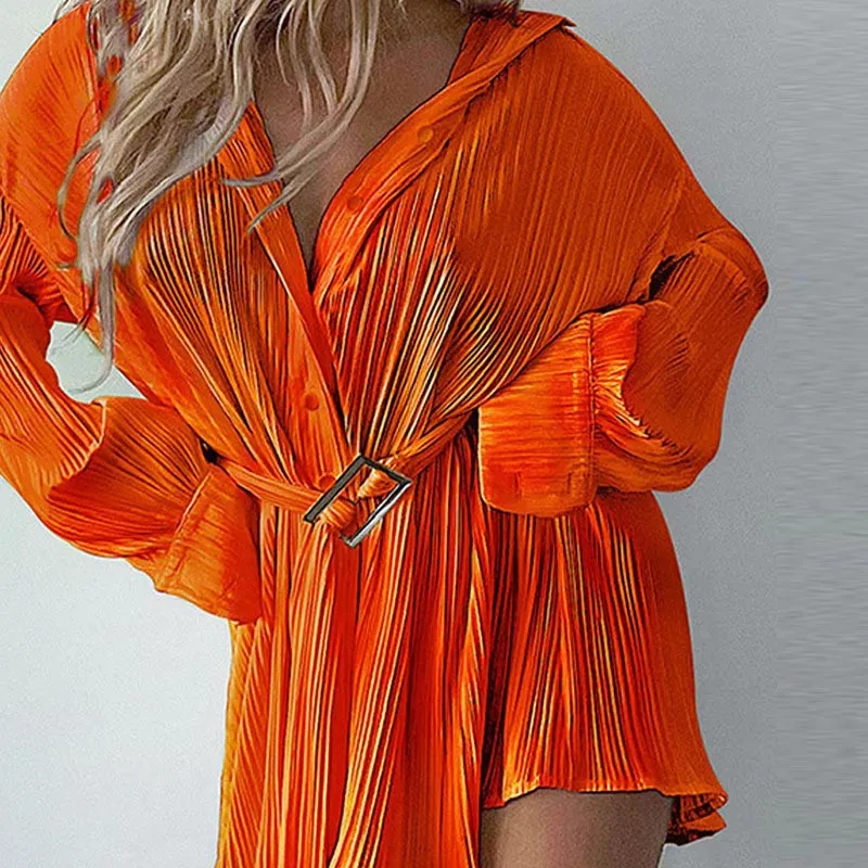 Pleated Long Sleeve Belt Mini Dress