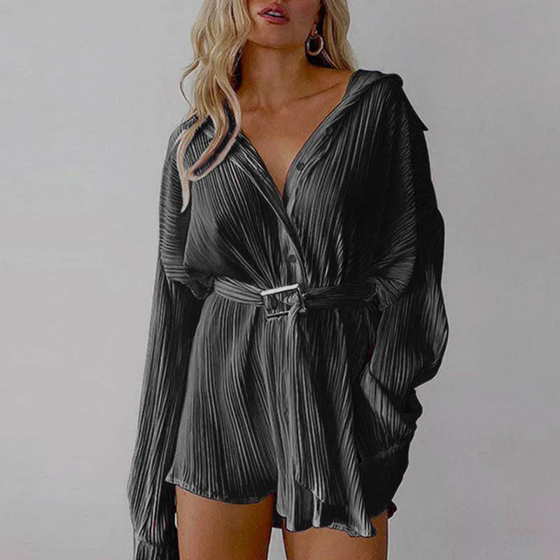 Pleated Long Sleeve Belt Mini Dress