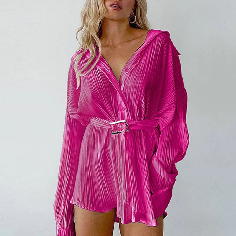 Pleated Long Sleeve Belt Mini Dress