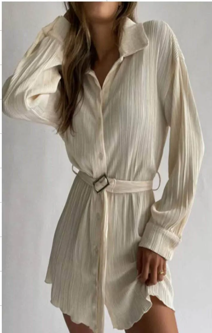 Pleated Long Sleeve Belt Mini Dress