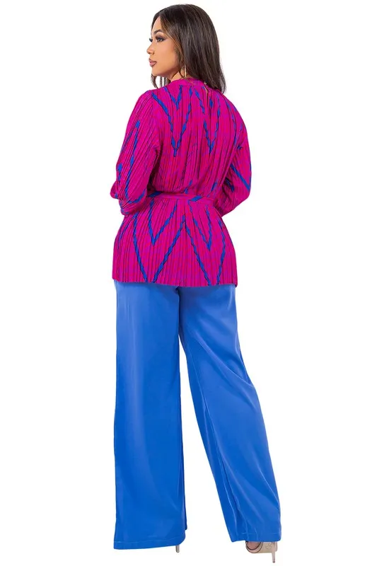 Pleated long sleeves high waist wide leg pants set