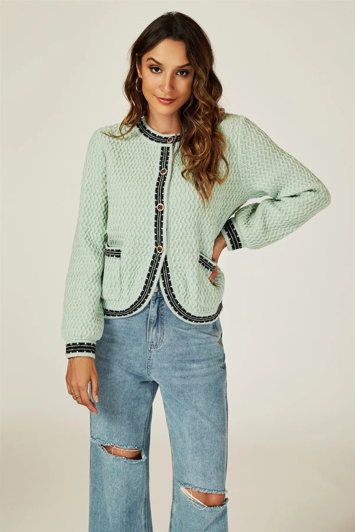 Pocket Knit Cardigan In Grey Green