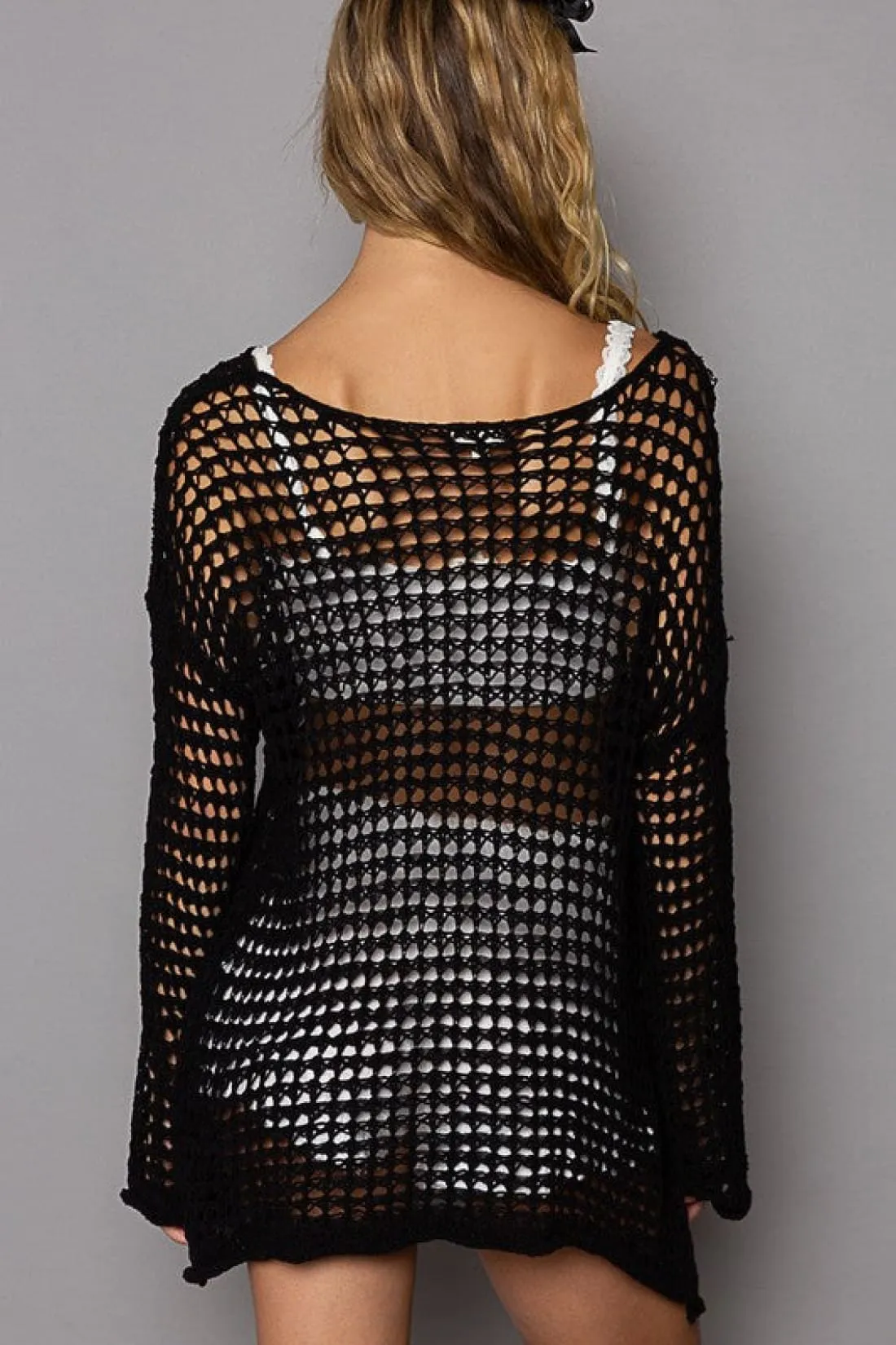 POL Side Slit Openwork Long Sleeve Knit Cover Up in Black