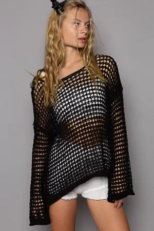 POL Side Slit Openwork Long Sleeve Knit Cover Up in Black