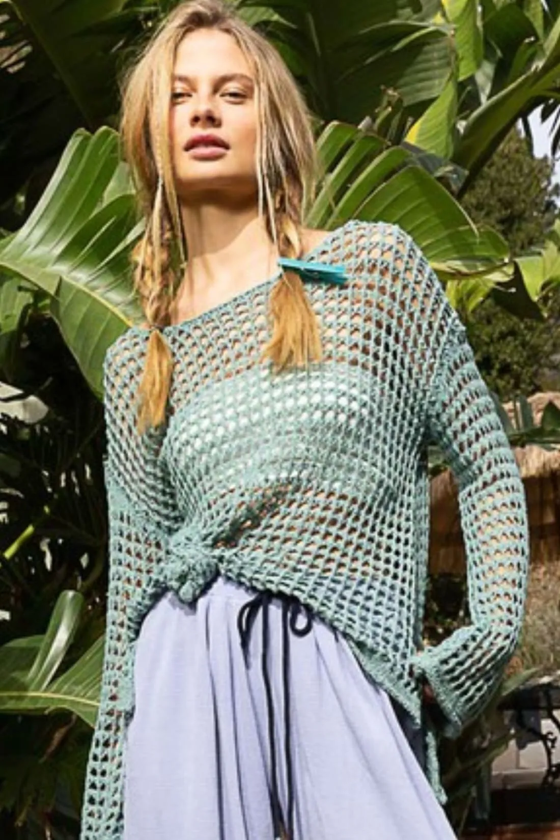 POL Side Slit Openwork Long Sleeve Knit Cover Up in Teal