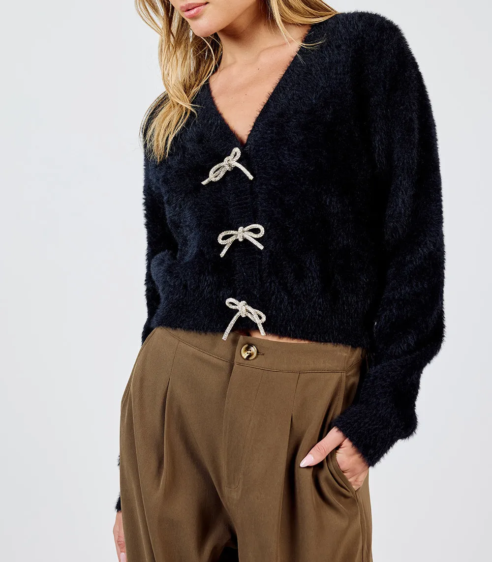 Porcelain Cardigan with Rhinestone Bows | Black