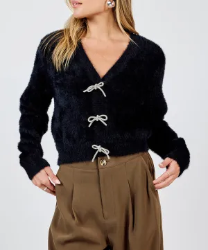 Porcelain Cardigan with Rhinestone Bows | Black