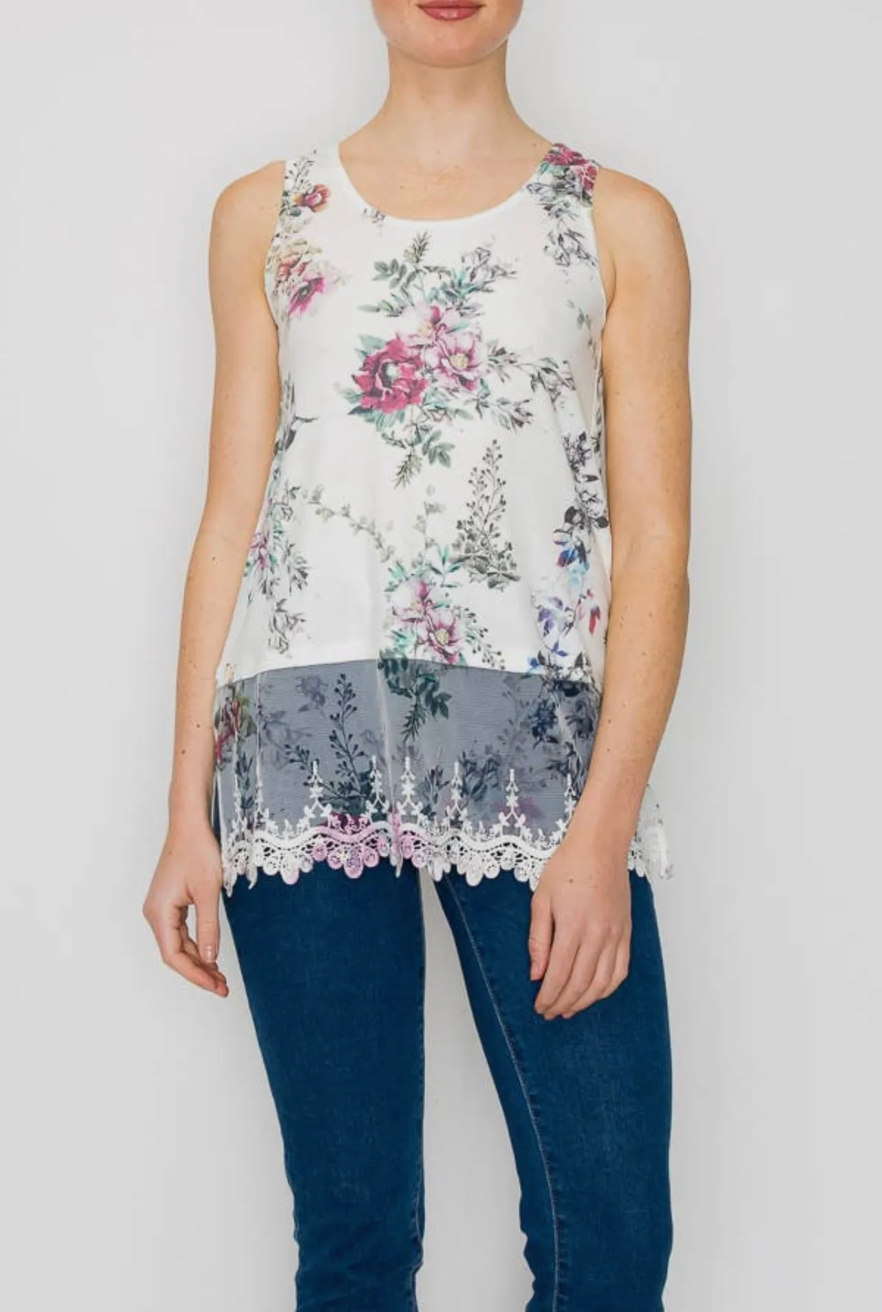 Printed Layering Tank w/Lace Hem
