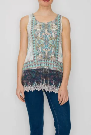 Printed Layering Tank w/Lace Hem