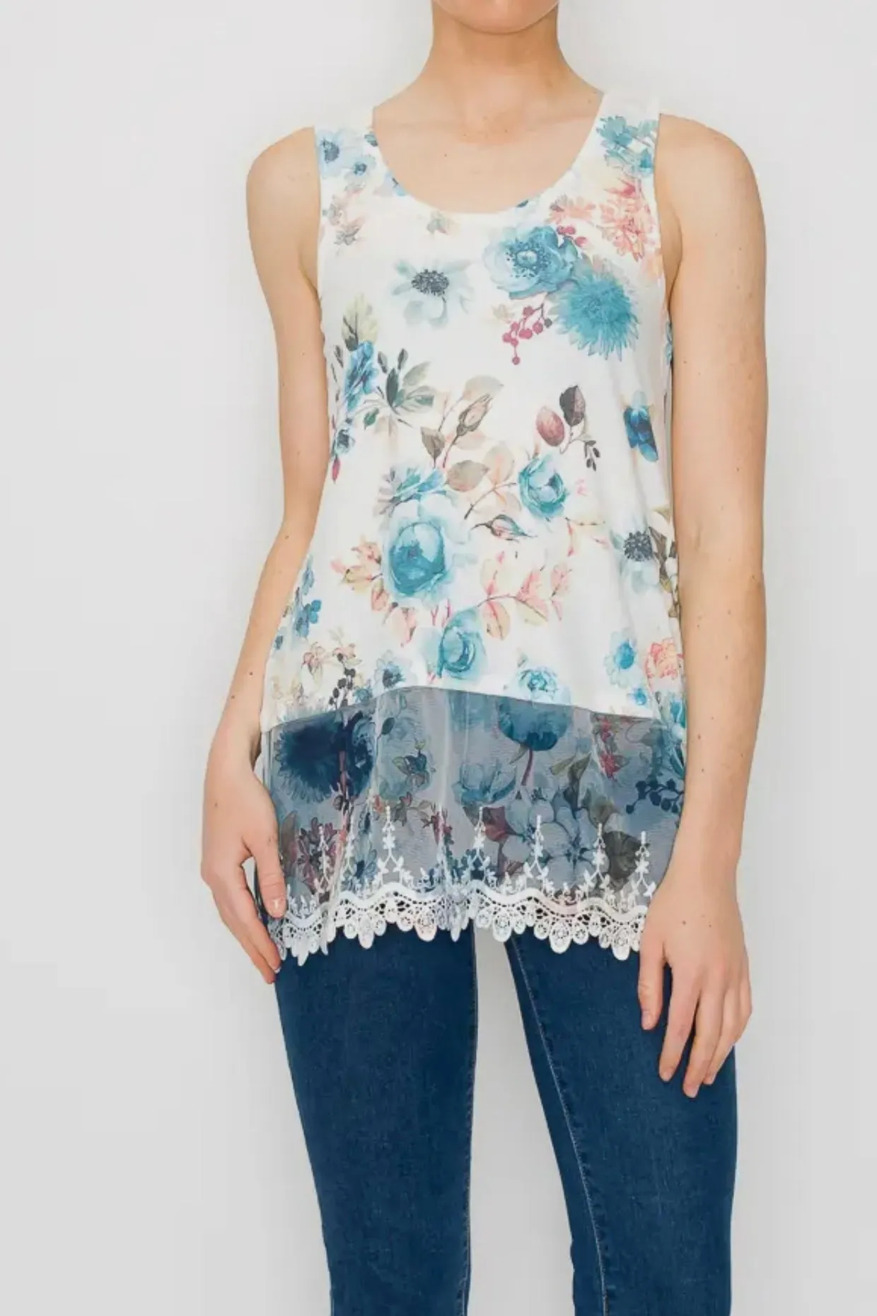 Printed Layering Tank w/Lace Hem