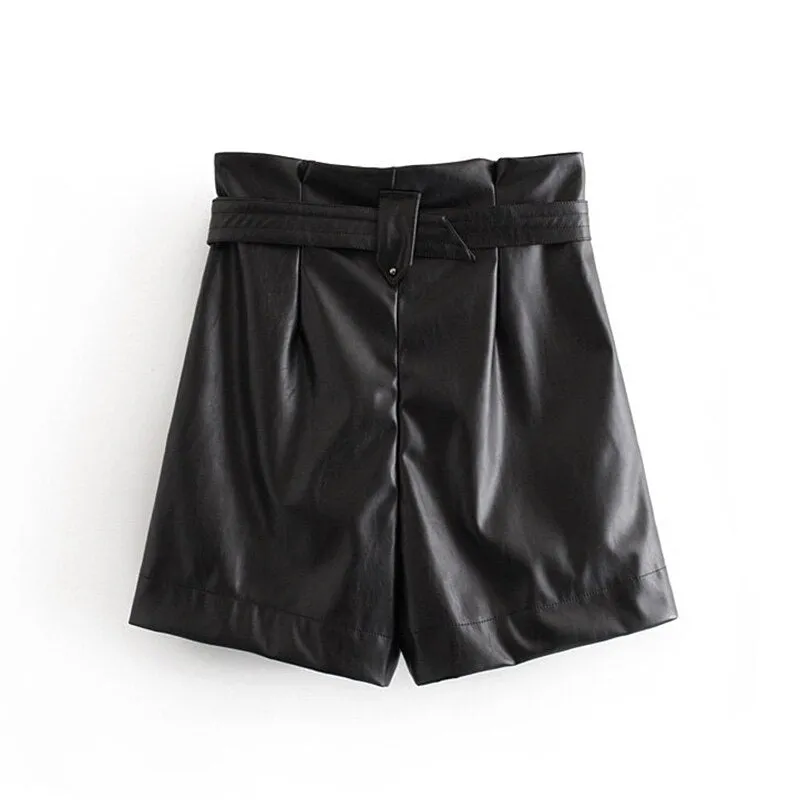Pu Leather Shorts Women High Waist Black
