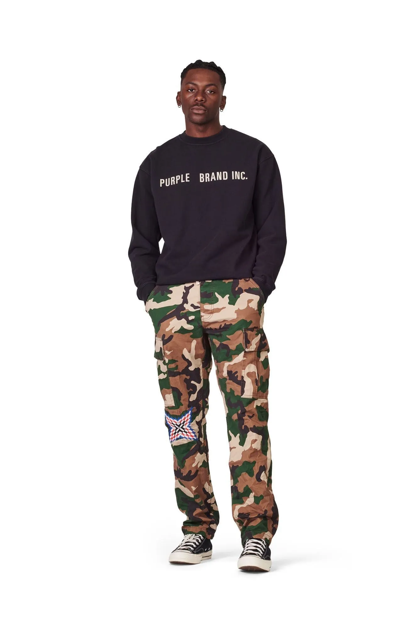 PURPLE BRAND P013 CAMO CARGO PANTS W/KNEE EMBROIDERY Mens Apparel