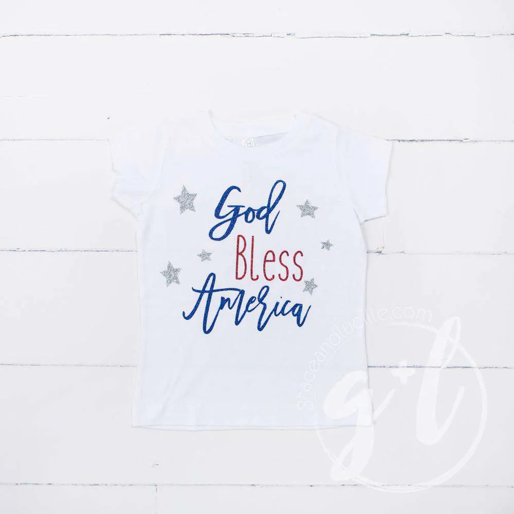"God Bless America" 4th of July Tee Shirt Outfit & Red Sequin Bow on Black Two-in-One Headband/Belt
