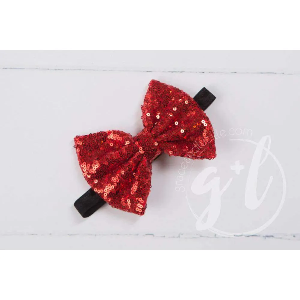 "God Bless America" 4th of July Tee Shirt Outfit & Red Sequin Bow on Black Two-in-One Headband/Belt