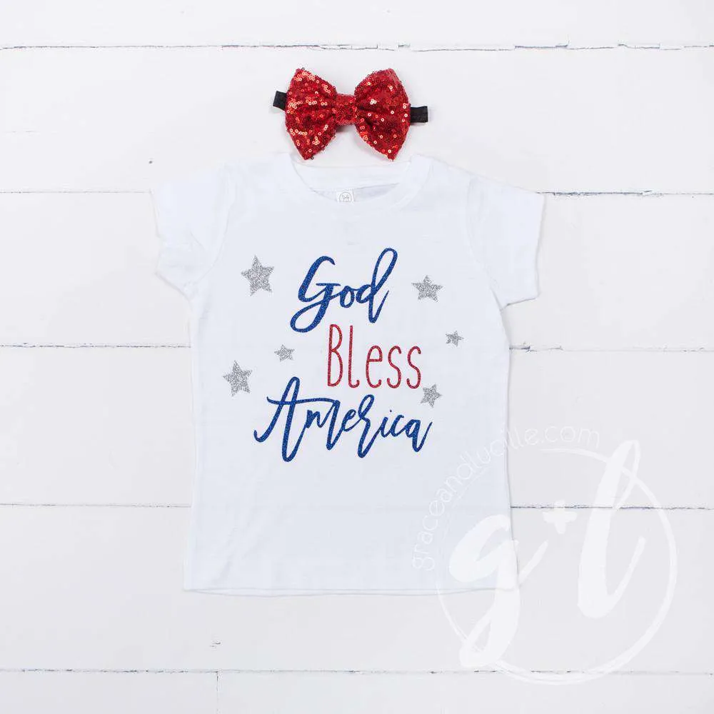 "God Bless America" 4th of July Tee Shirt Outfit & Red Sequin Bow on Black Two-in-One Headband/Belt