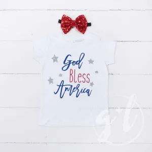 "God Bless America" 4th of July Tee Shirt Outfit & Red Sequin Bow on Black Two-in-One Headband/Belt
