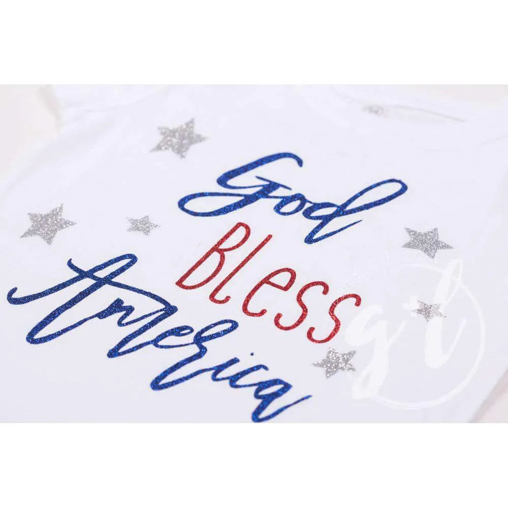 "God Bless America" 4th of July Tee Shirt Outfit & Red Sequin Bow on Black Two-in-One Headband/Belt