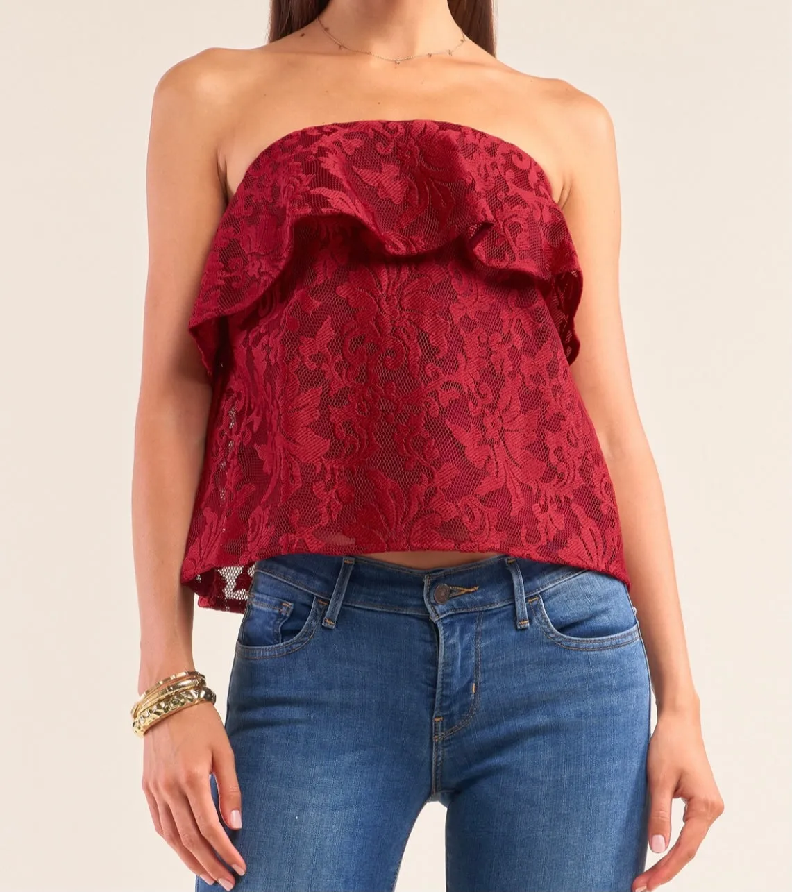 Red Lace Strapless Top