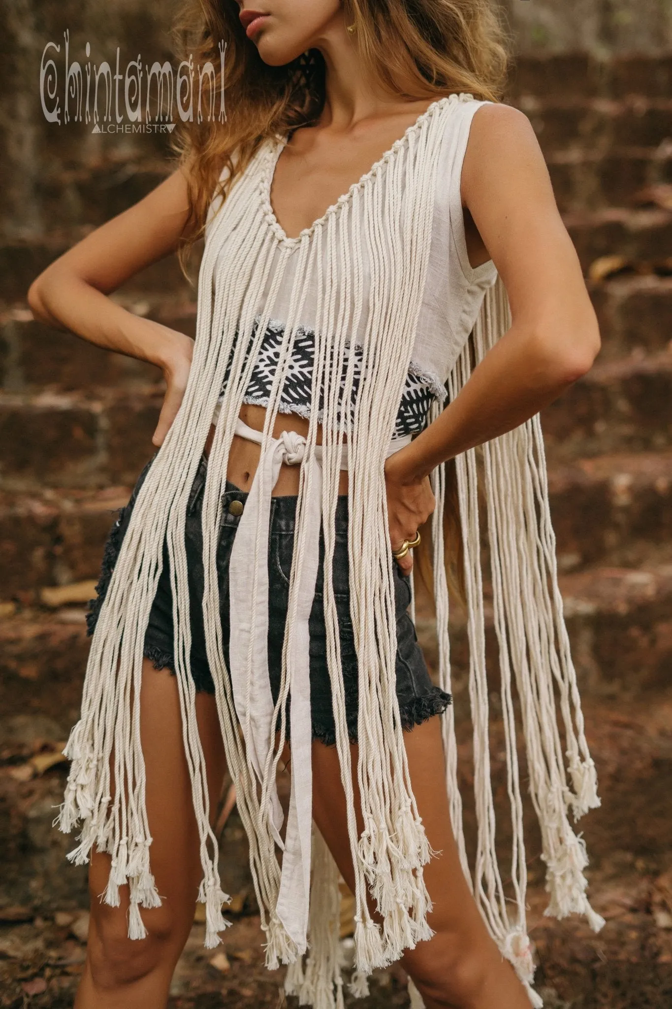 Rope Necklace Boho Top with Tribal Belt / Light Gray