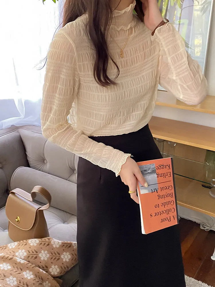 Ruffled Mock Neck Mesh Lace Layering Blouse