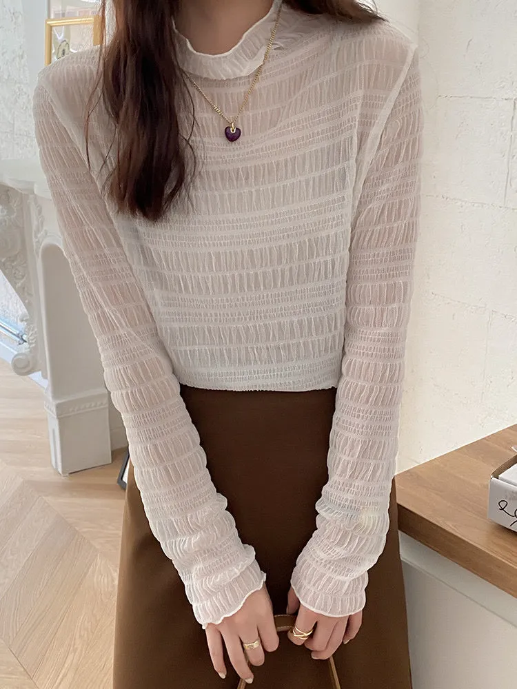 Ruffled Mock Neck Mesh Lace Layering Blouse