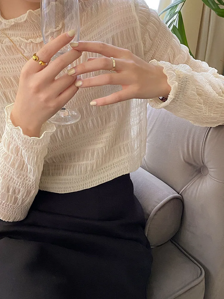 Ruffled Mock Neck Mesh Lace Layering Blouse