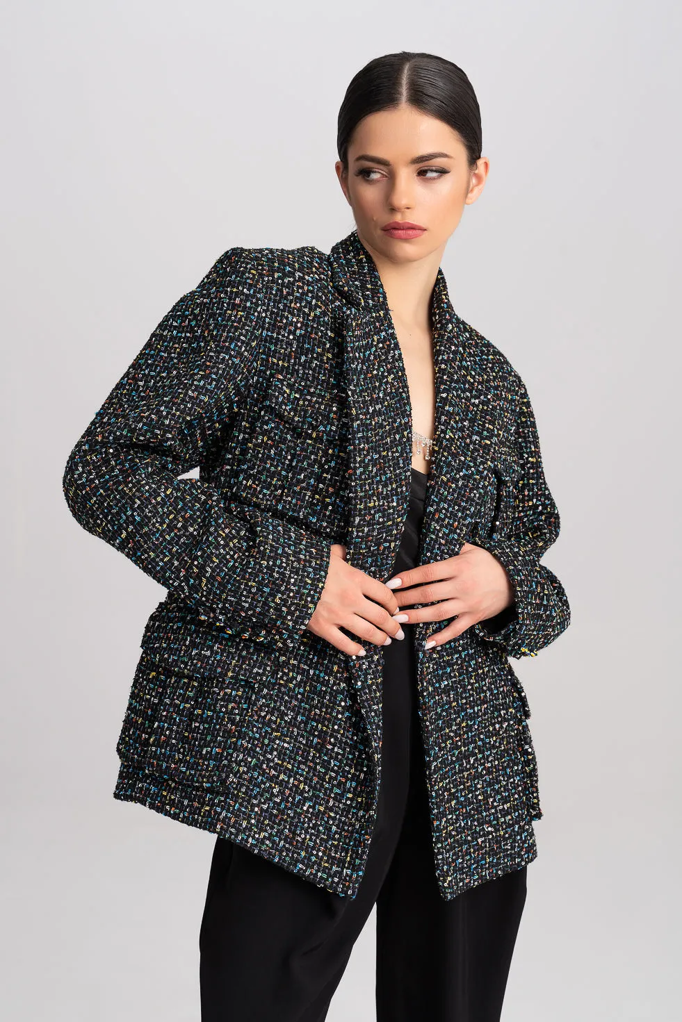 'Samara' Metallic Tweed And Sequins-Embellished Blazer