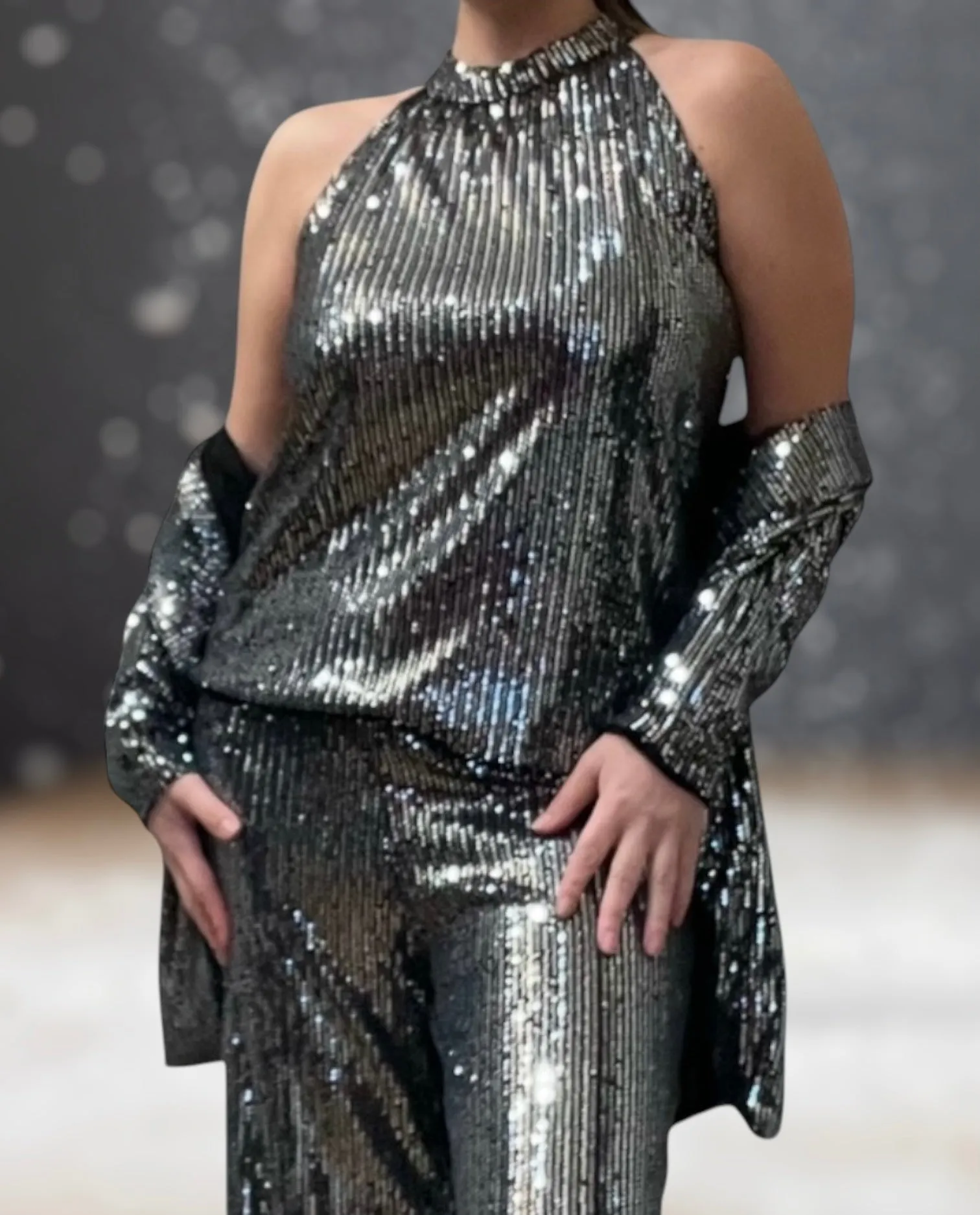 Sequin Halter Neck Sleeveless Bow Back Stretchy Top (3 Colours)